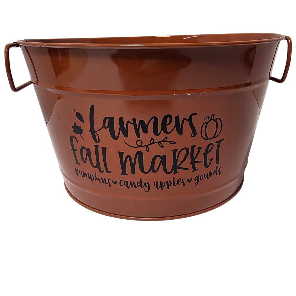 Farmers Fall Market Burnt Orange Metal Bucket with Handles 10 Inch Round
